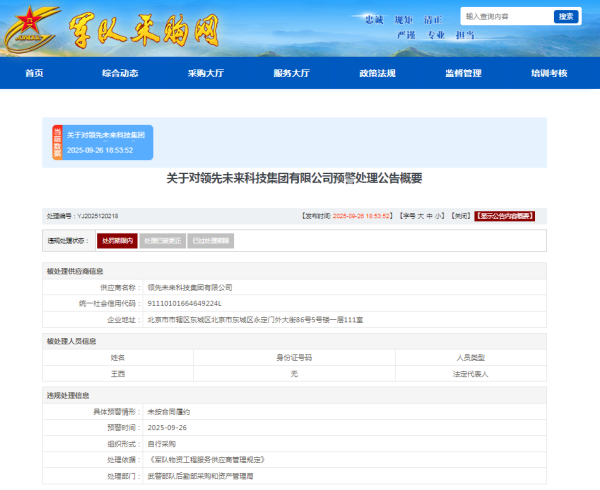 专业配资查询门户 因“未按合同履约”，领先未来科技集团上榜军队采购预警名单